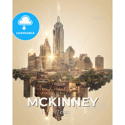 McKinney Skyline: Local Architecture Icons As Art - A city with many buildings and trees reflected in water - Square format print template