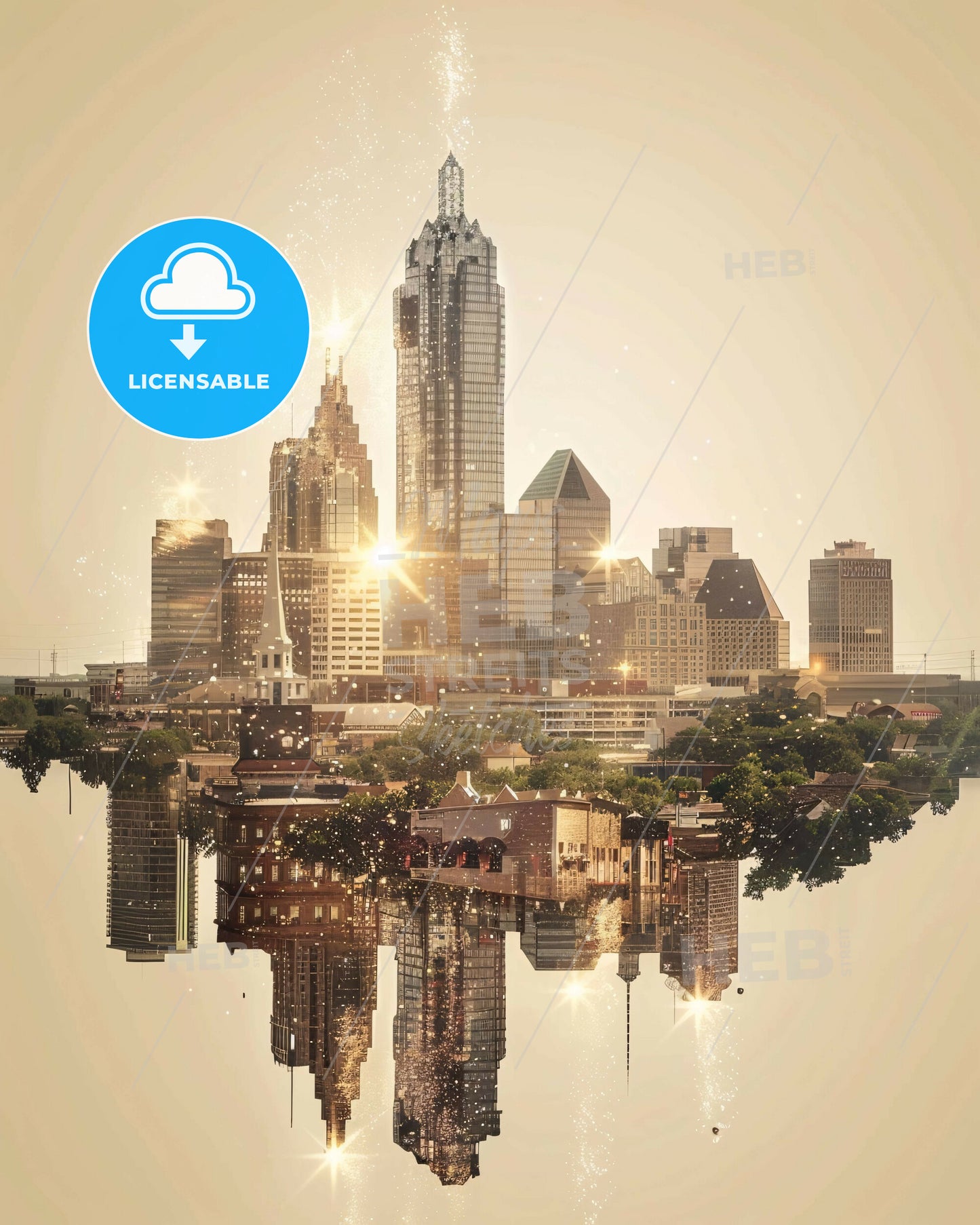 McKinney Skyline: Local Architecture Icons As Art - A city with many buildings and trees reflected in water