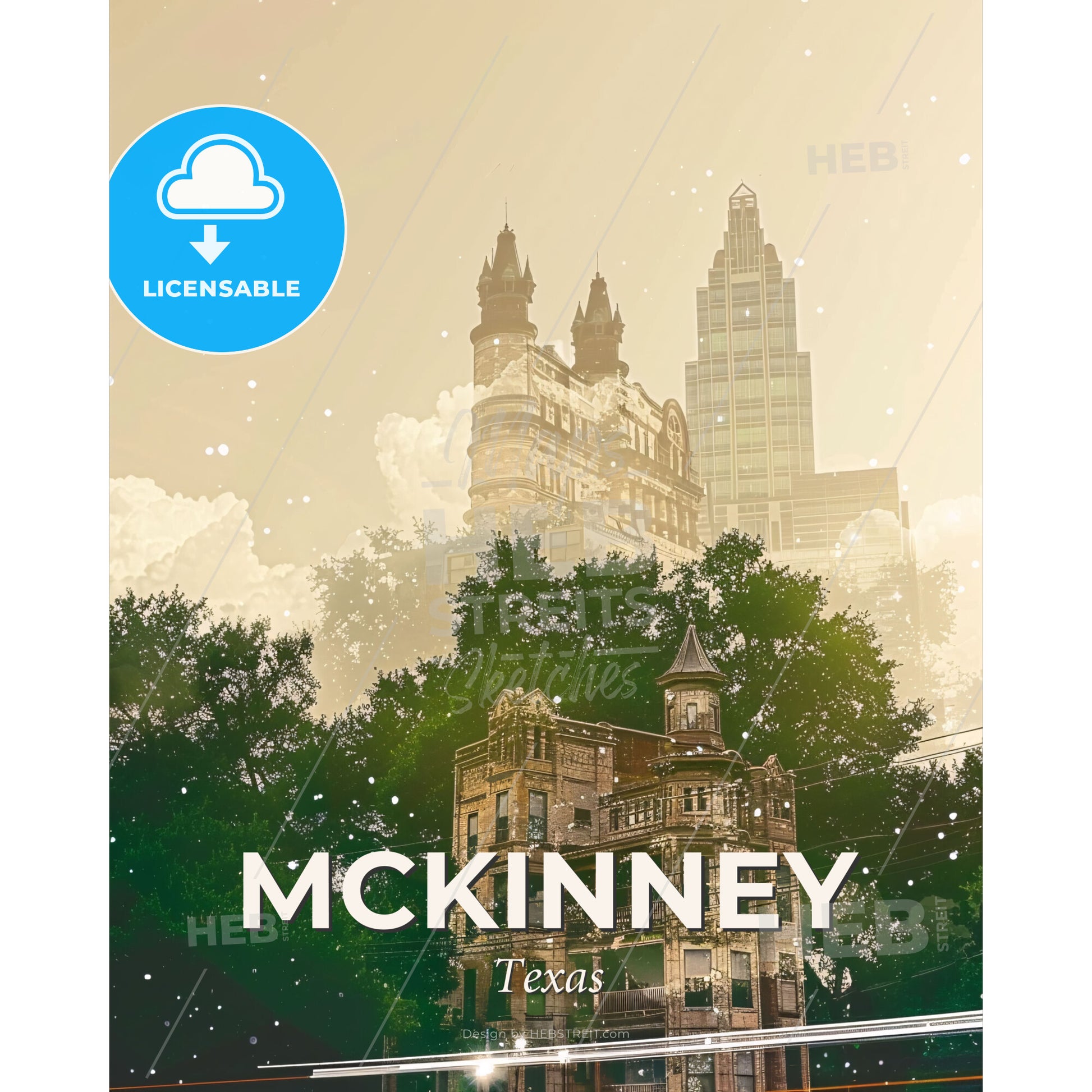 McKinney Skyline Double Exposure Cityscape Art Print - A building with trees and buildings in the background - Square format print template