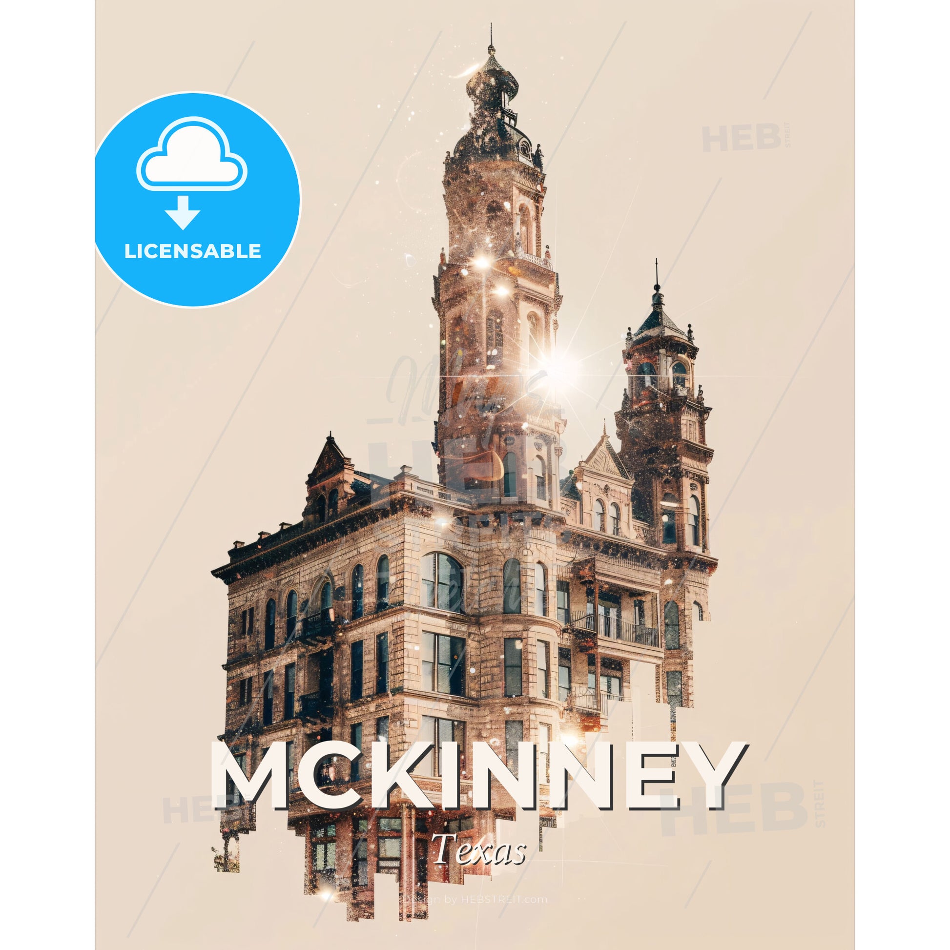 McKinney Cityscape Skyline Composite - Architectural Icons Poster - A building with a tower - Square format print template