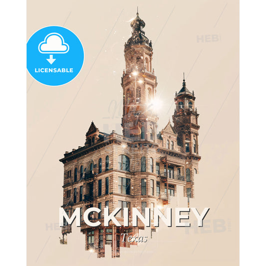 McKinney Cityscape Skyline Composite - Architectural Icons Poster - A building with a tower - Square format print template