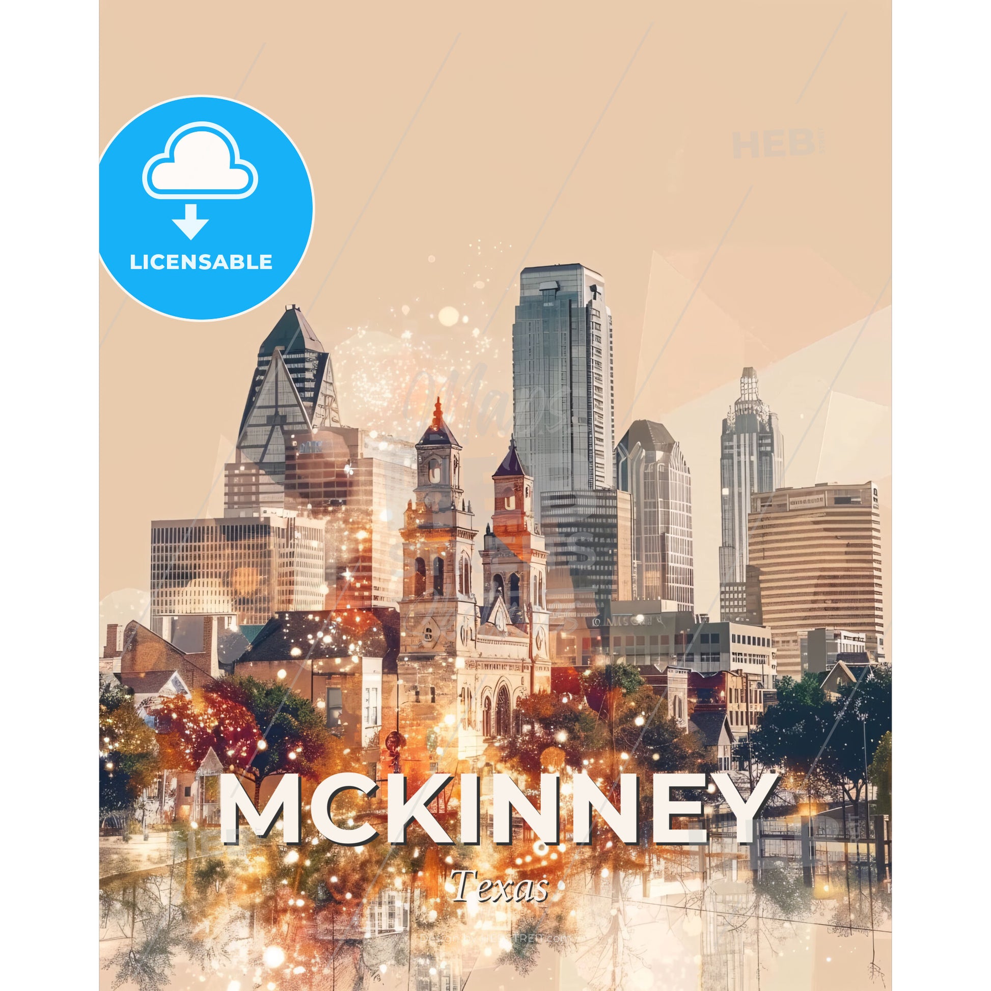 McKinney Texas City Skyline Double Exposure Composite Art - A city skyline with trees and buildings - Square format print template