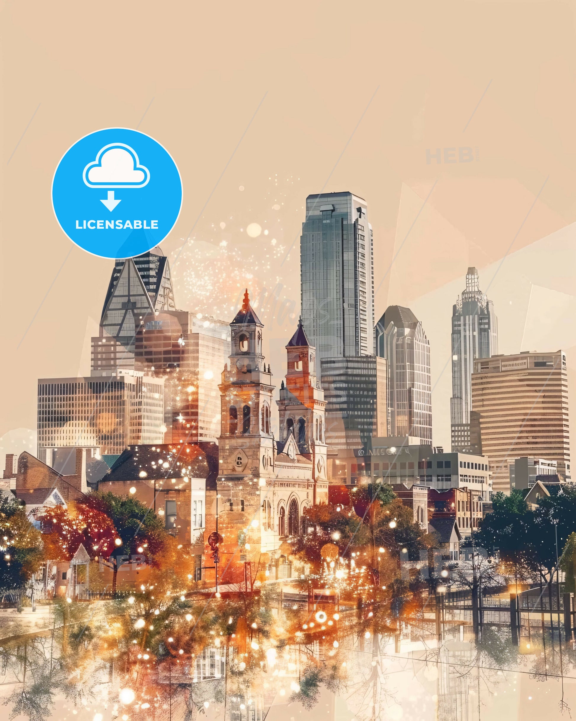 McKinney Texas City Skyline Double Exposure Composite Art - A city skyline with trees and buildings