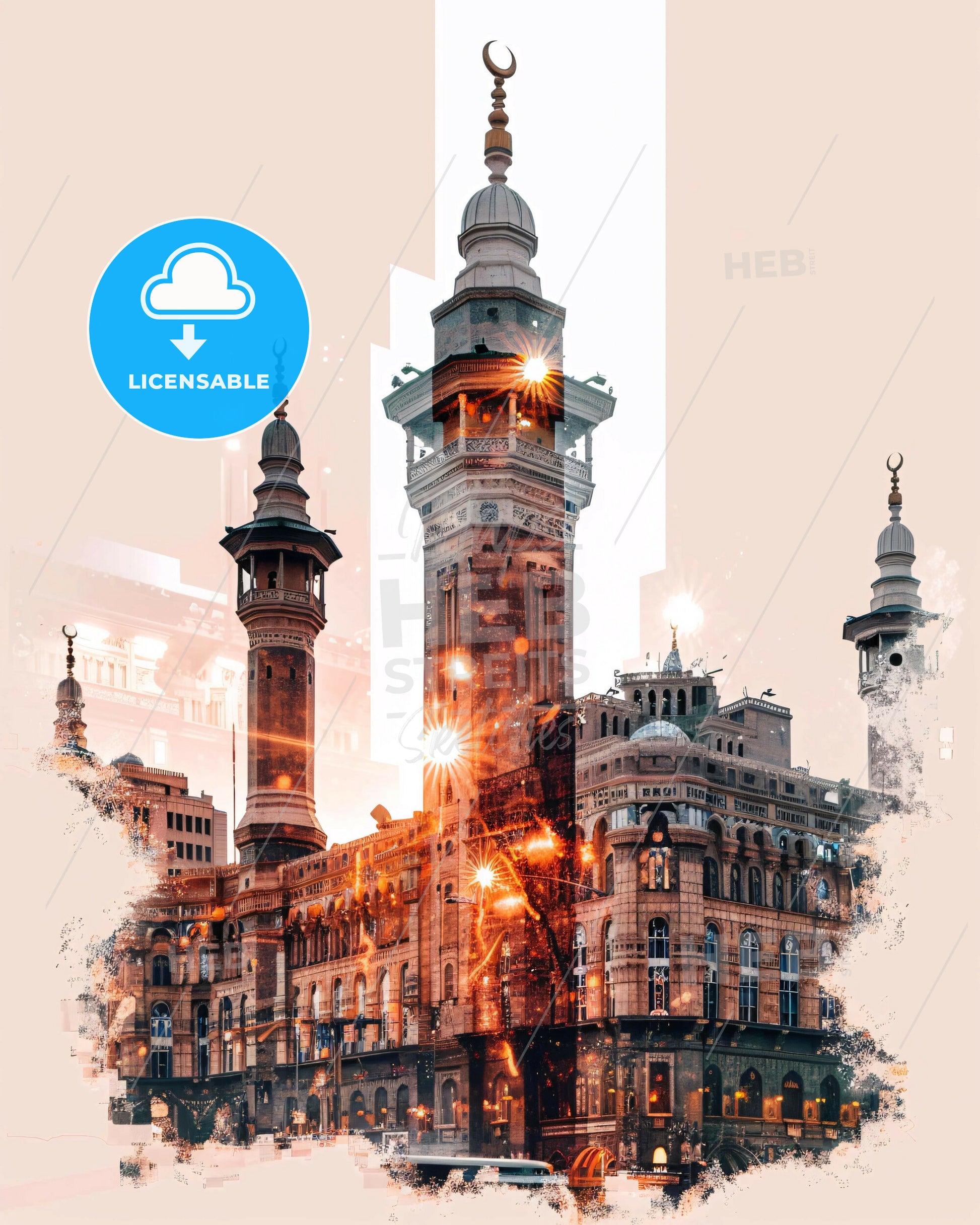 Mecca Skyline Composite Art Print - A large building with towers and a large clock tower