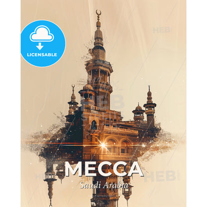 Mecca Double Exposure Art: City Lights on Beige - A building with a tower and a light in the background - Square format print template