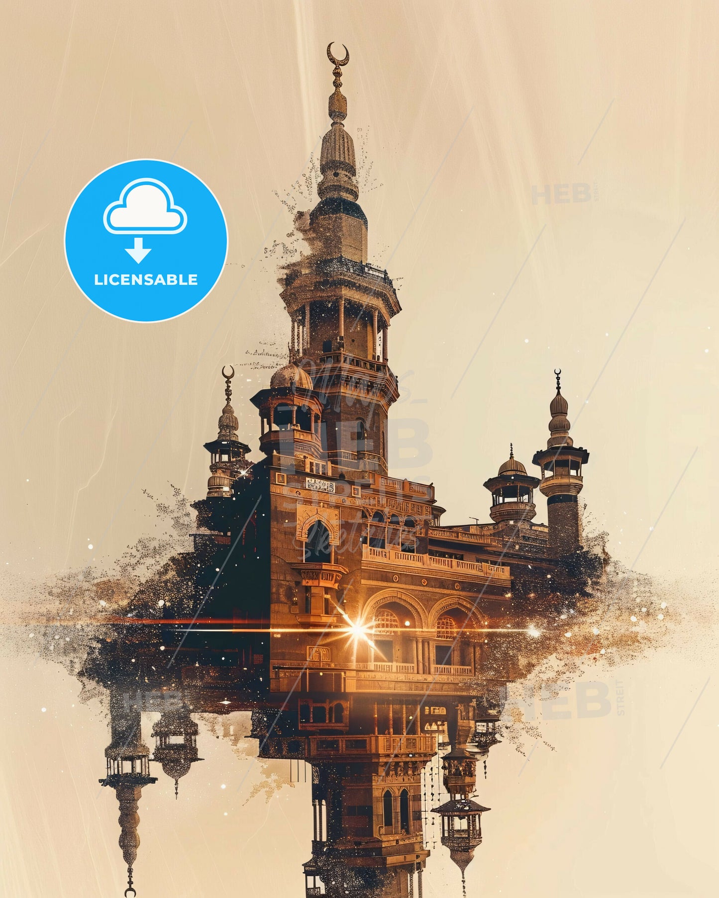 Mecca Double Exposure Art: City Lights on Beige - A building with a tower and a light in the background