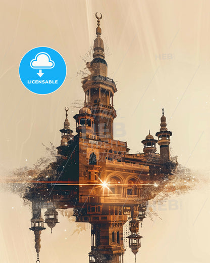 Mecca Double Exposure Art: City Lights on Beige - A building with a tower and a light in the background