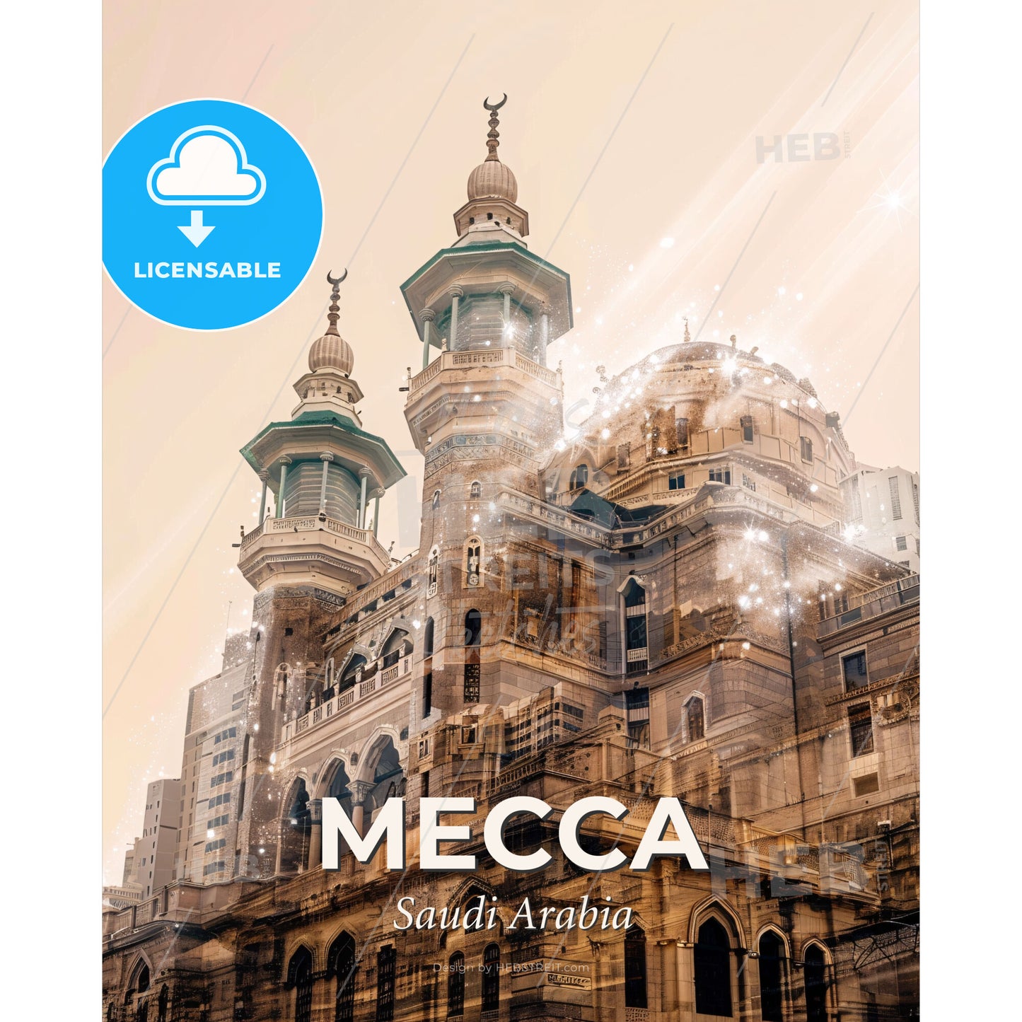 Mecca Skyline Double Exposure Art Poster - A large building with towers and a moon on top - Square format print template