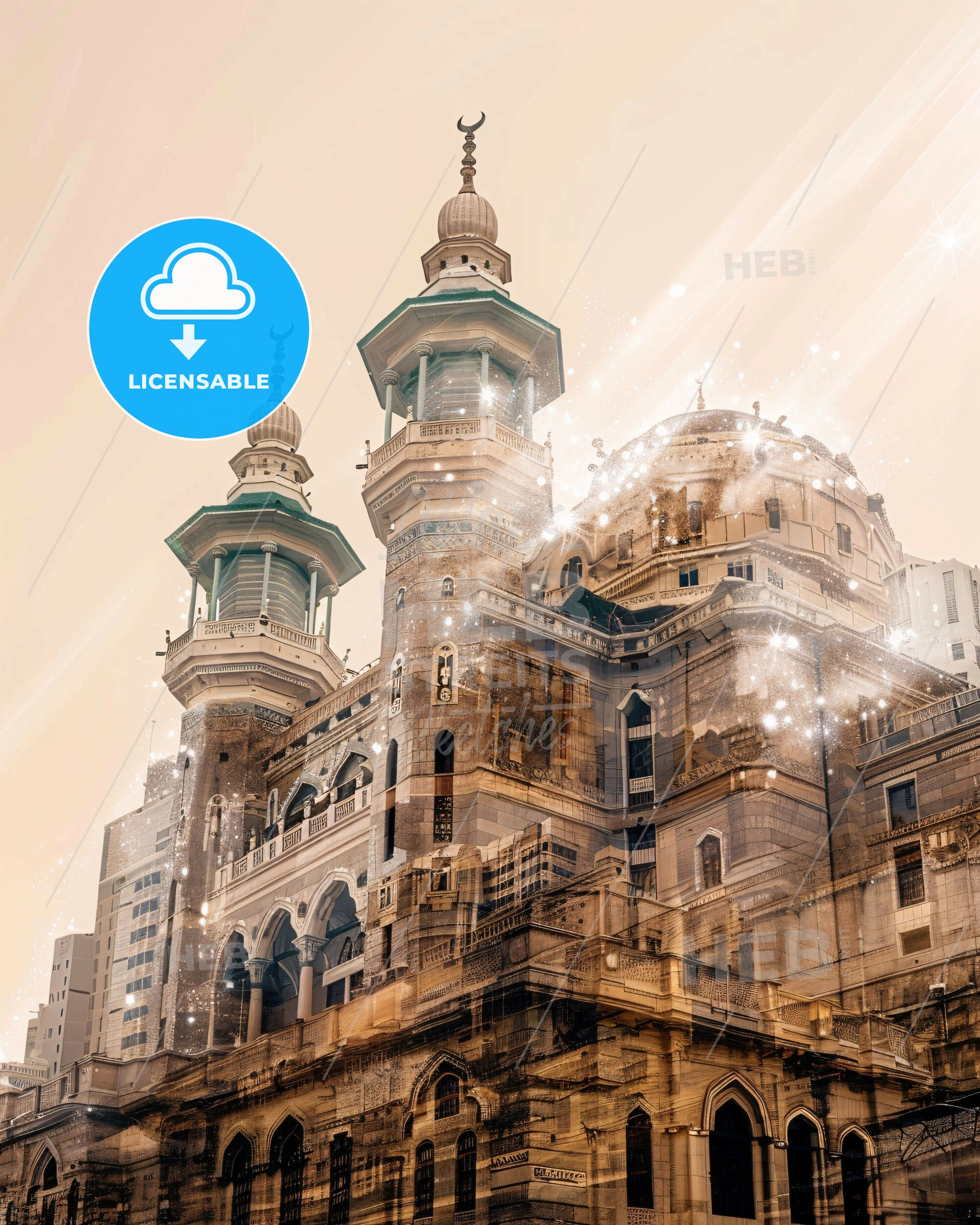 Mecca Skyline Double Exposure Art Poster - A large building with towers and a moon on top