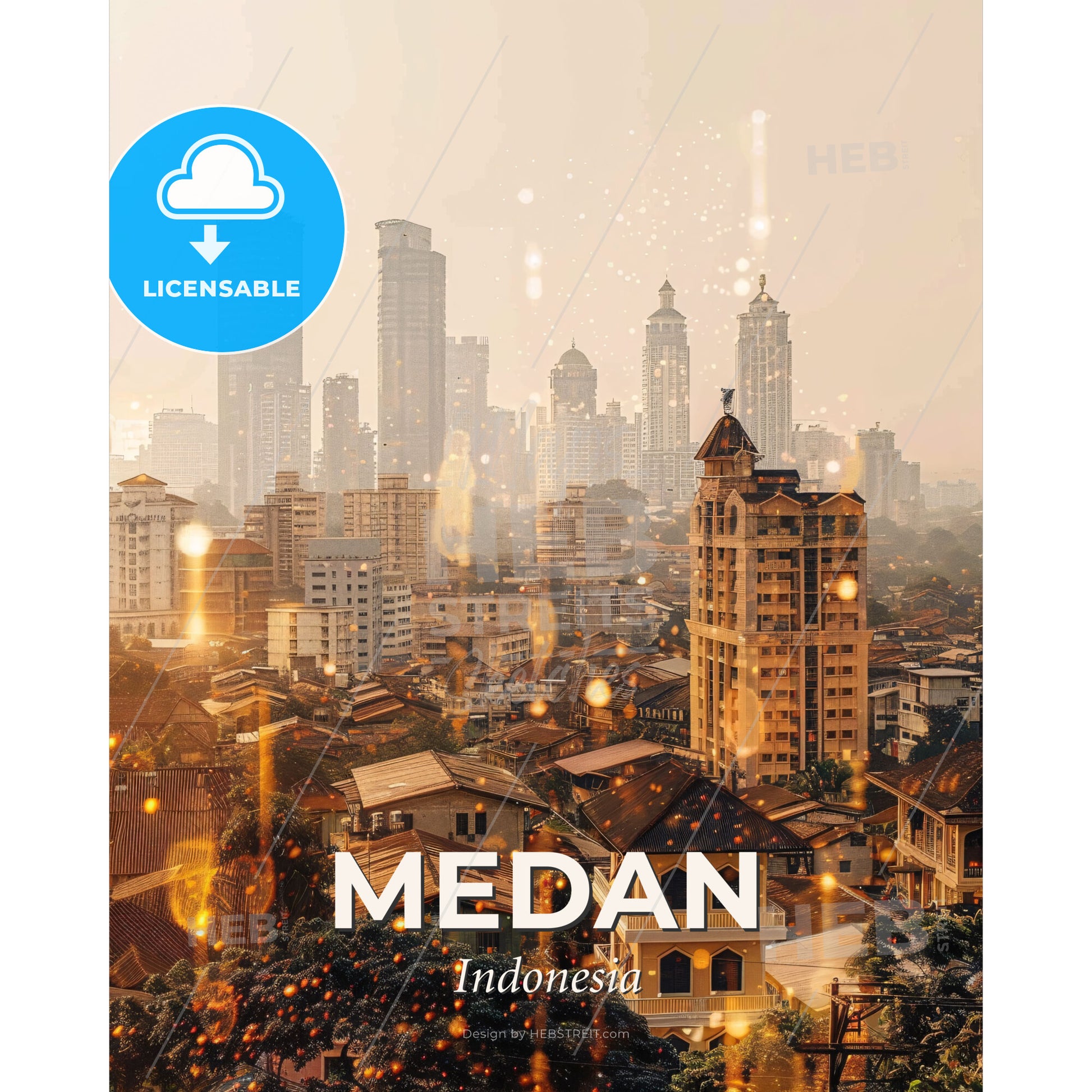 Medan Skyline Double Exposure Art Poster - A city with many tall buildings - Square format print template