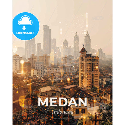 Medan Skyline Double Exposure Art Poster - A city with many tall buildings - Square format print template