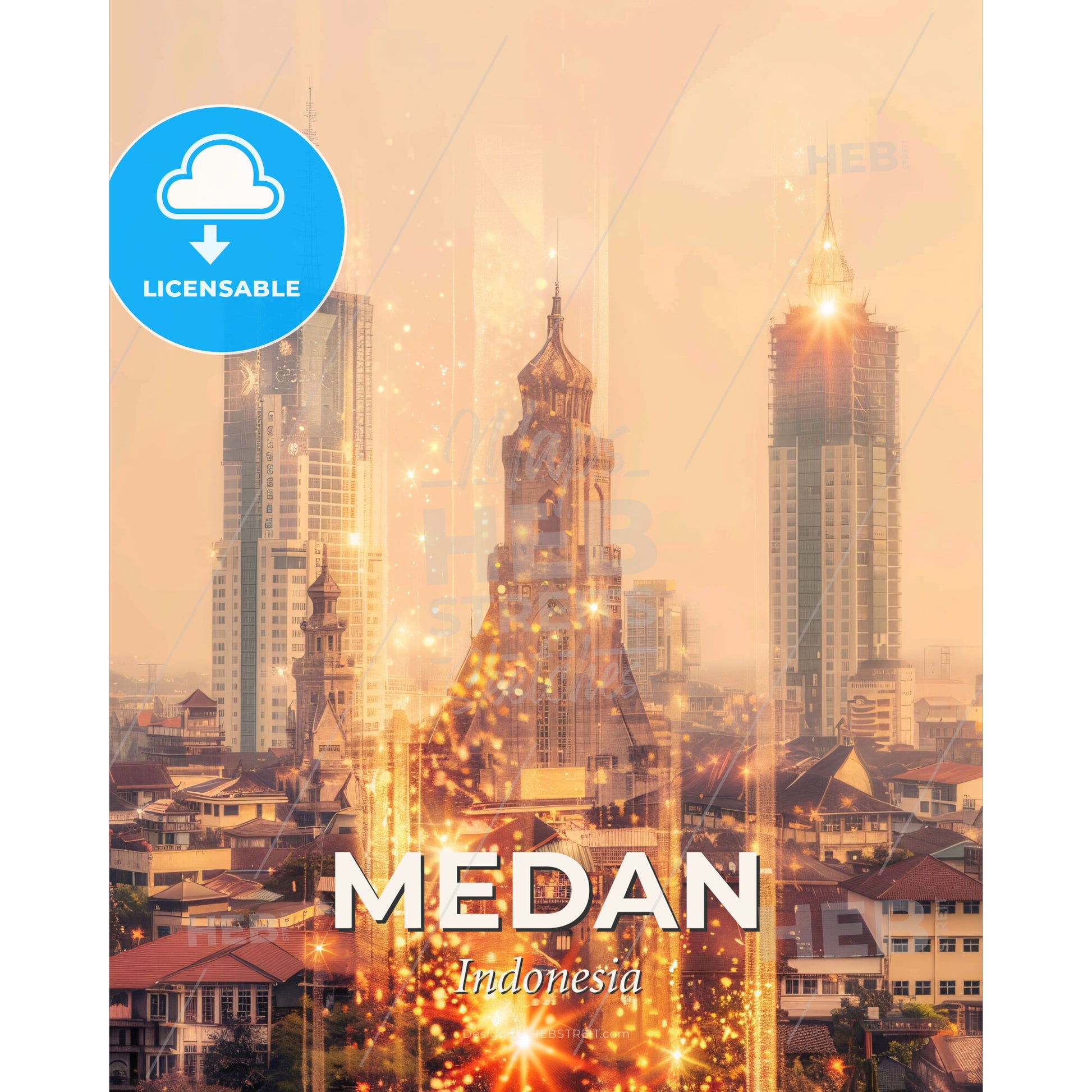 Medan Skyline Composite Poster Art - A city with tall buildings and a tower - Square format print template