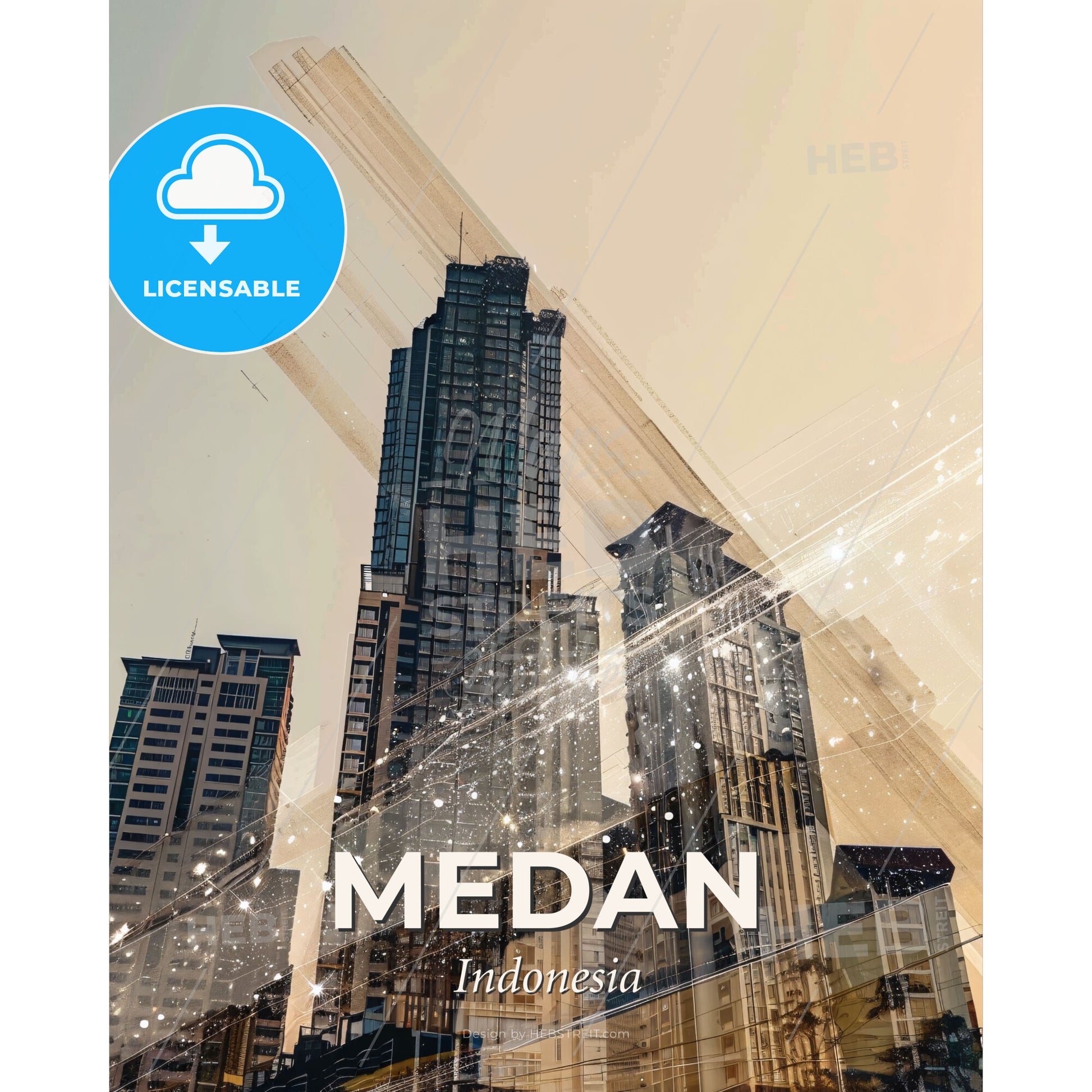 Medan Skyline Art: Local Icons in a Dazzling Display - A city skyline with many tall buildings - Square format print template