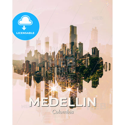 Medellin City Skyline Double Exposure Poster Art - A city skyline with many tall buildings reflected in water - Square format print template