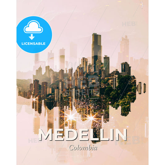 Medellin City Skyline Double Exposure Poster Art - A city skyline with many tall buildings reflected in water - Square format print template