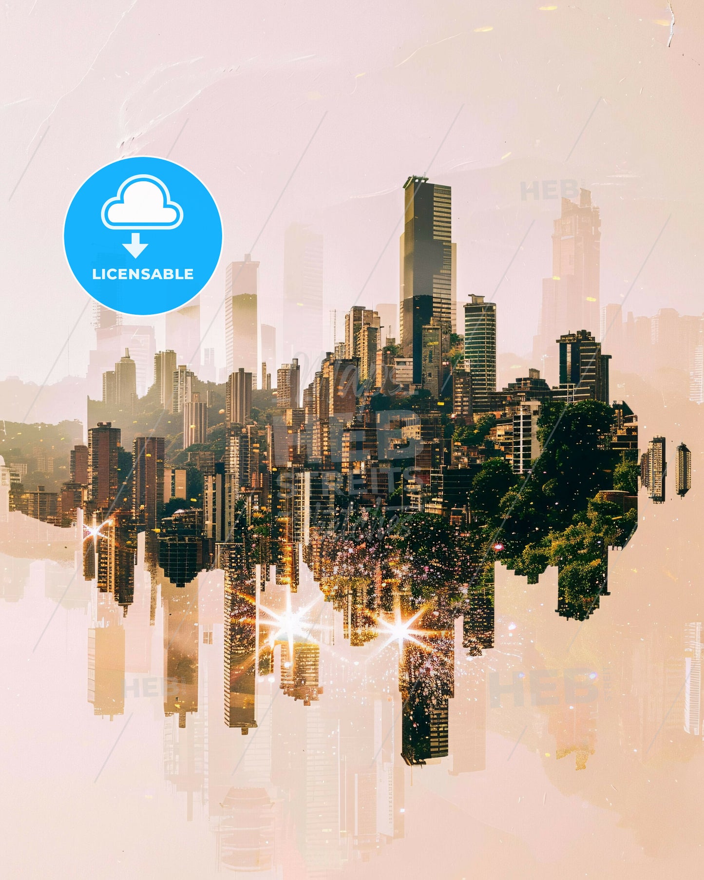 Medellin City Skyline Double Exposure Poster Art - A city skyline with many tall buildings reflected in water