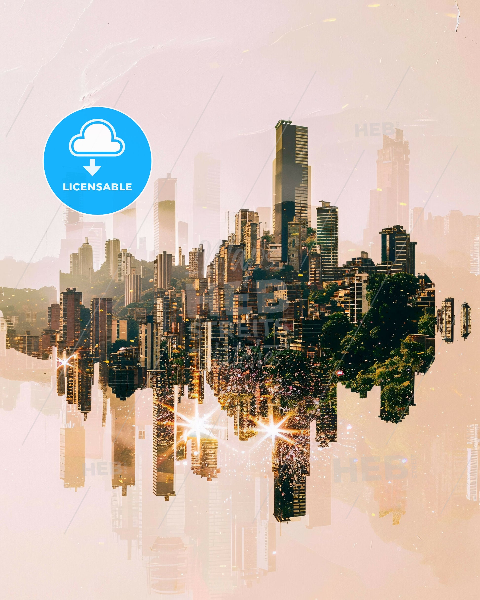 Medellin City Skyline Double Exposure Poster Art - A city skyline with many tall buildings reflected in water