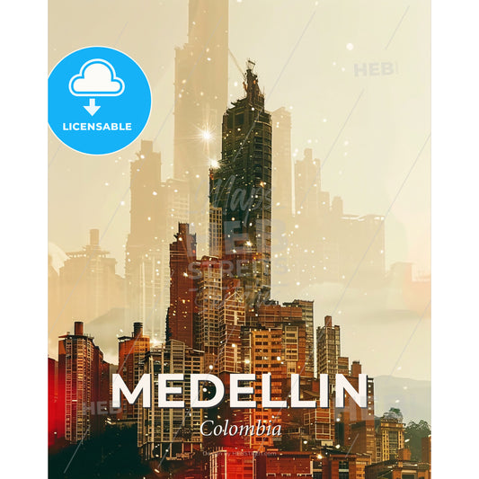 Medellin City Lights Poster - A city skyline with many tall buildings - Square format print template