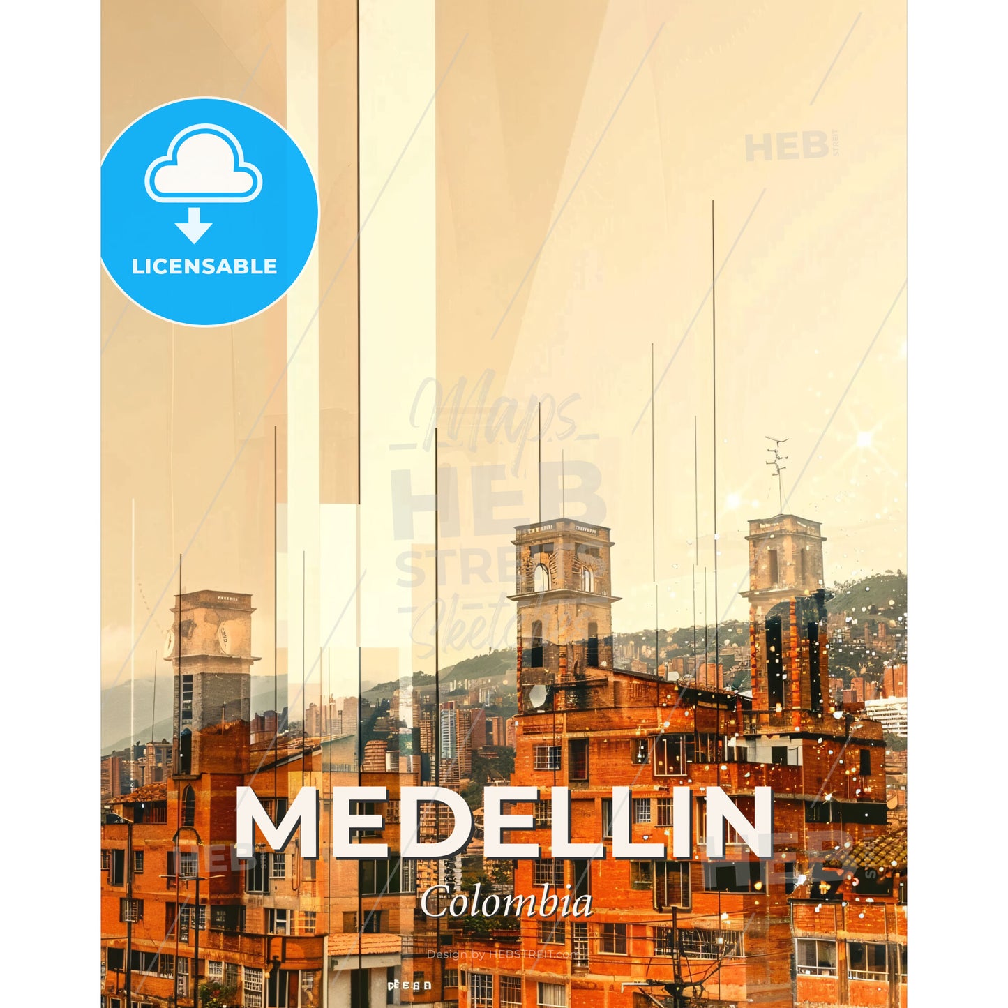 Medellin Skyline Double Exposure Art Poster - A city with a tall building - Square format print template