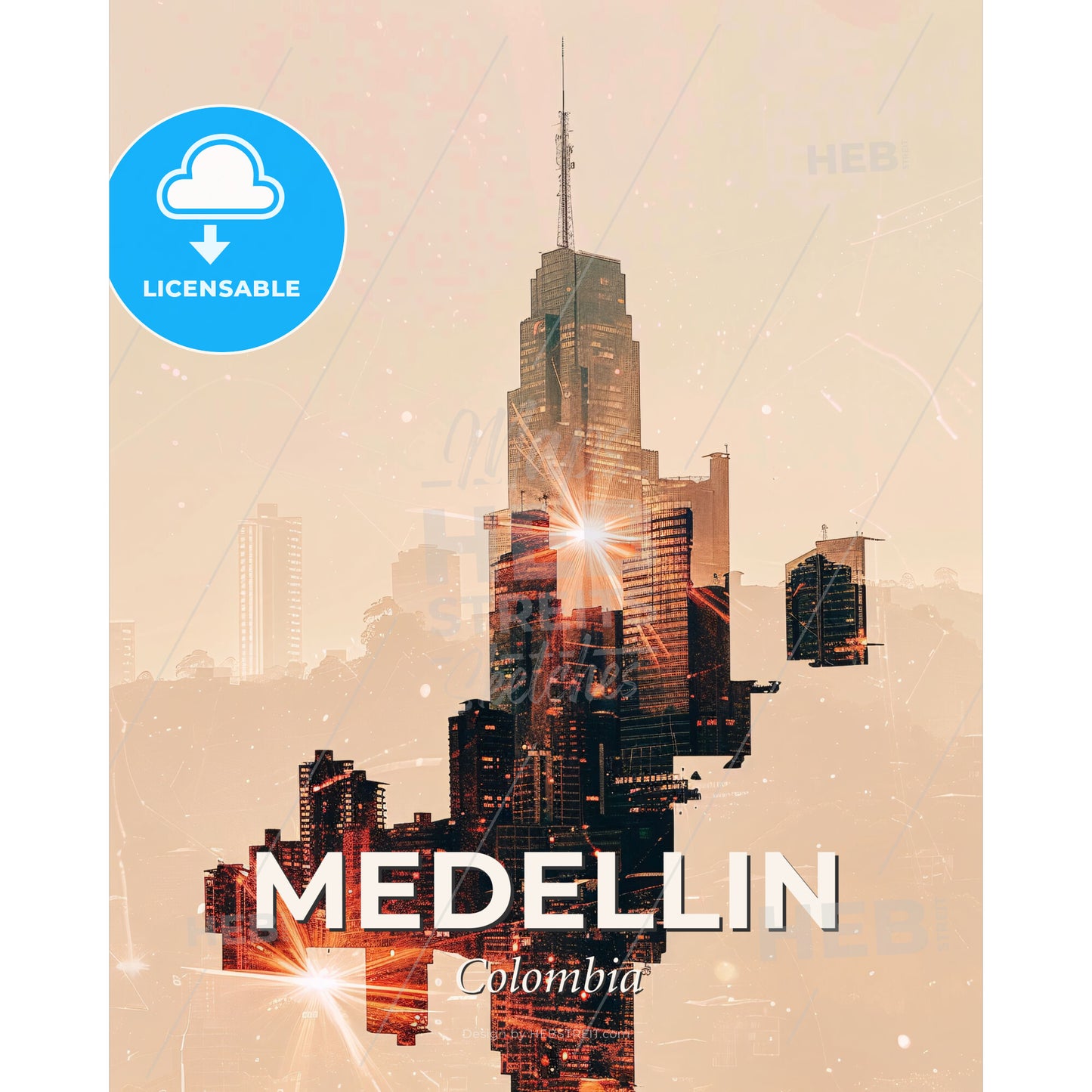 Medellin City Skyline Art Print - A city skyline with sun rays - Square format print template