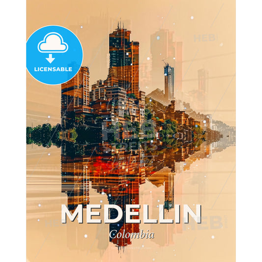 Vibrant Medellin City Skyline Poster Art - A city with many tall buildings reflected in water - Square format print template