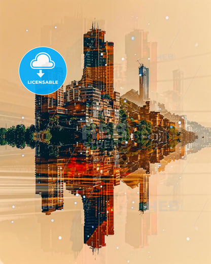 Vibrant Medellin City Skyline Poster Art - A city with many tall buildings reflected in water