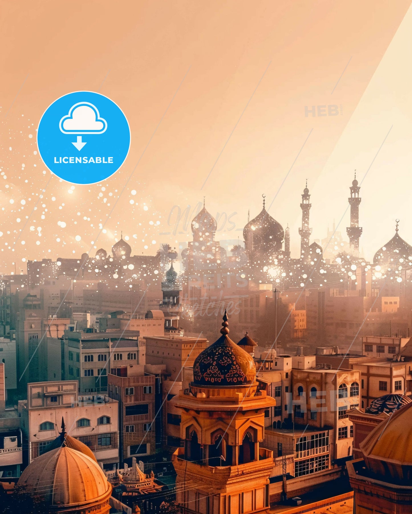 Sparkling Medina City Skyline Composite Art - A city with many buildings and fireworks