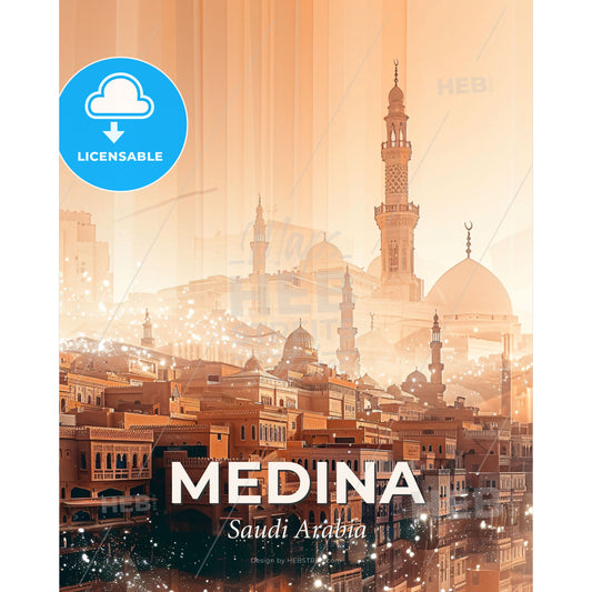Medina Skyline Composite Art Majestic Local Colors - A city with many buildings and a tower - Square format print template