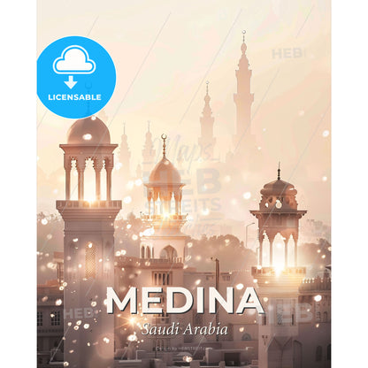 Medina Skyline Beige Sparkle Poster - A large white building with towers and towers with a light shining through - Square format print template