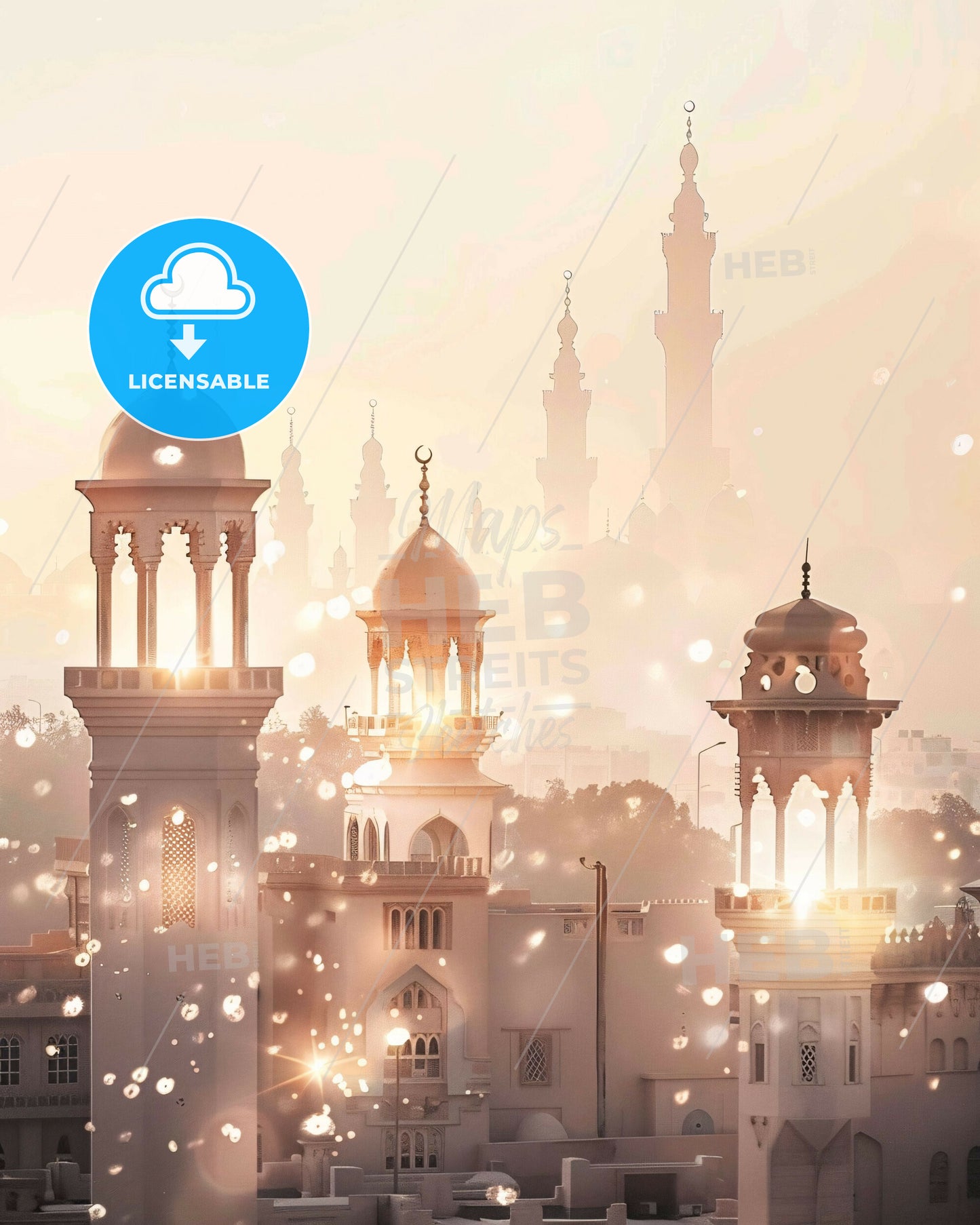 Medina Skyline Beige Sparkle Poster - A large white building with towers and towers with a light shining through