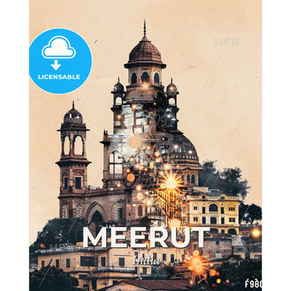 Meerut's Icons in Vibrant Tapestry - A building with a dome roof and a staircase - Square format print template