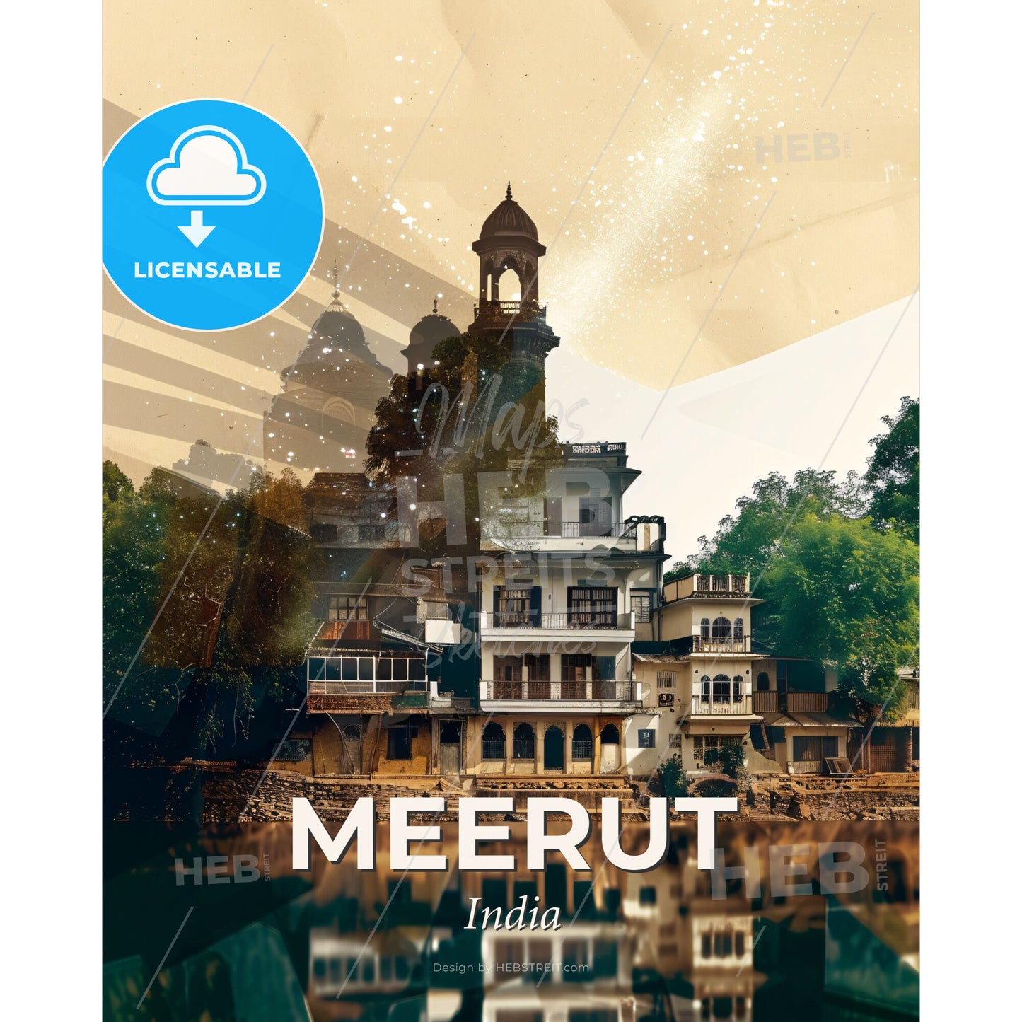 Meerut Double Exposure City Skyline Art - A building with a tower and trees - Square format print template
