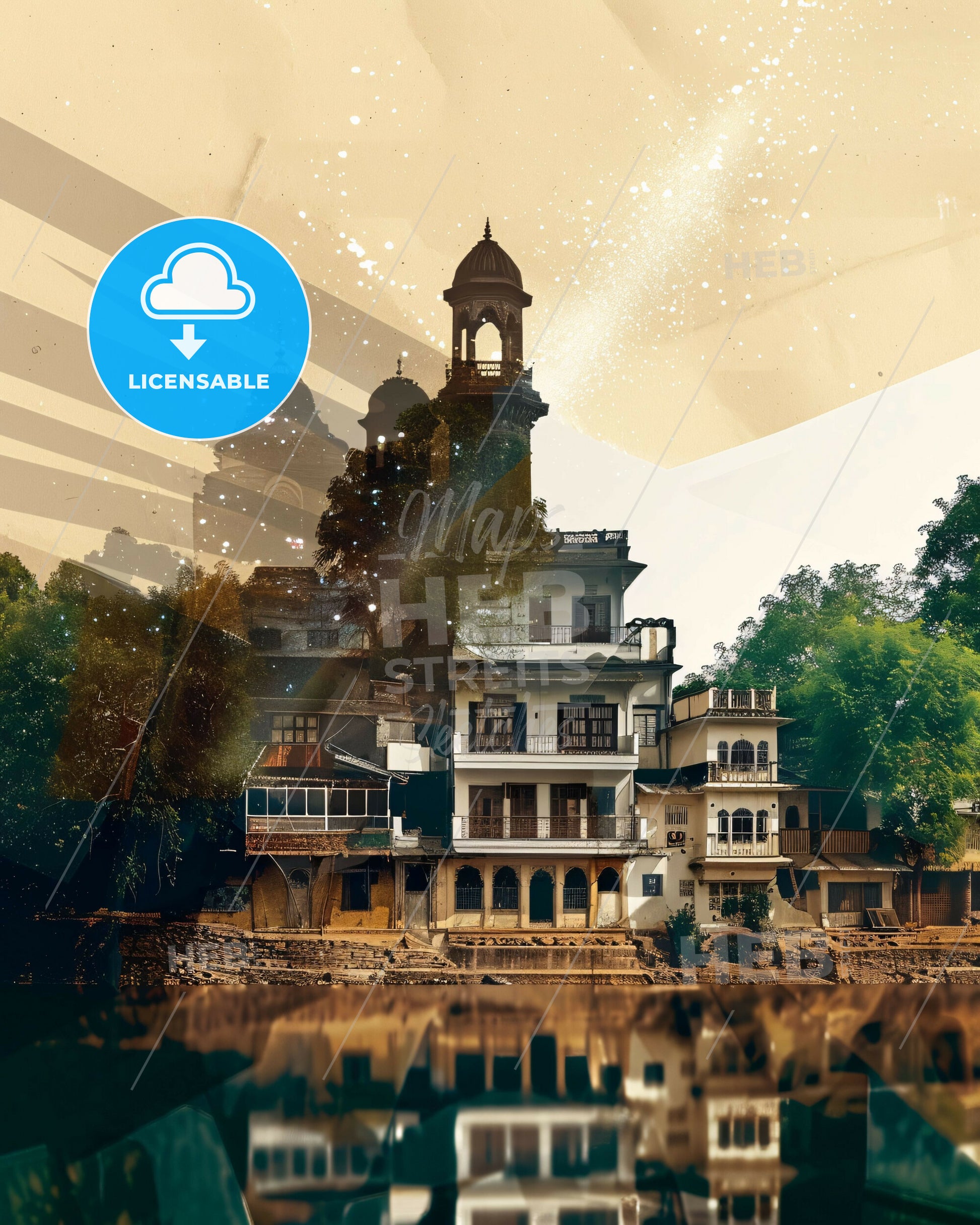 Meerut Double Exposure City Skyline Art - A building with a tower and trees