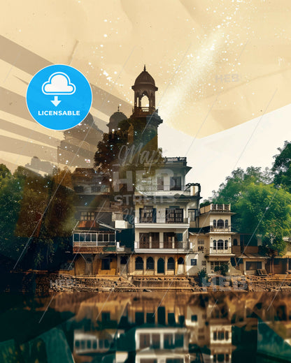 Meerut Double Exposure City Skyline Art - A building with a tower and trees