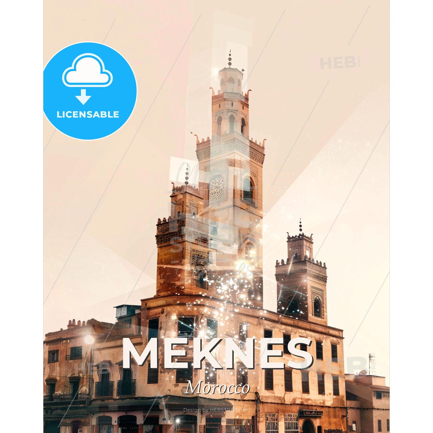 Meknes: Double Exposure Art With City Architecture - A building with a tower - Square format print template