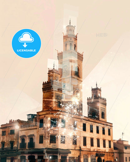Meknes: Double Exposure Art With City Architecture - A building with a tower
