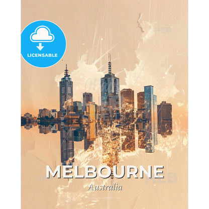 Melbourne Skyline Composite Art Poster - A city skyline with a map of the world - Square format print template