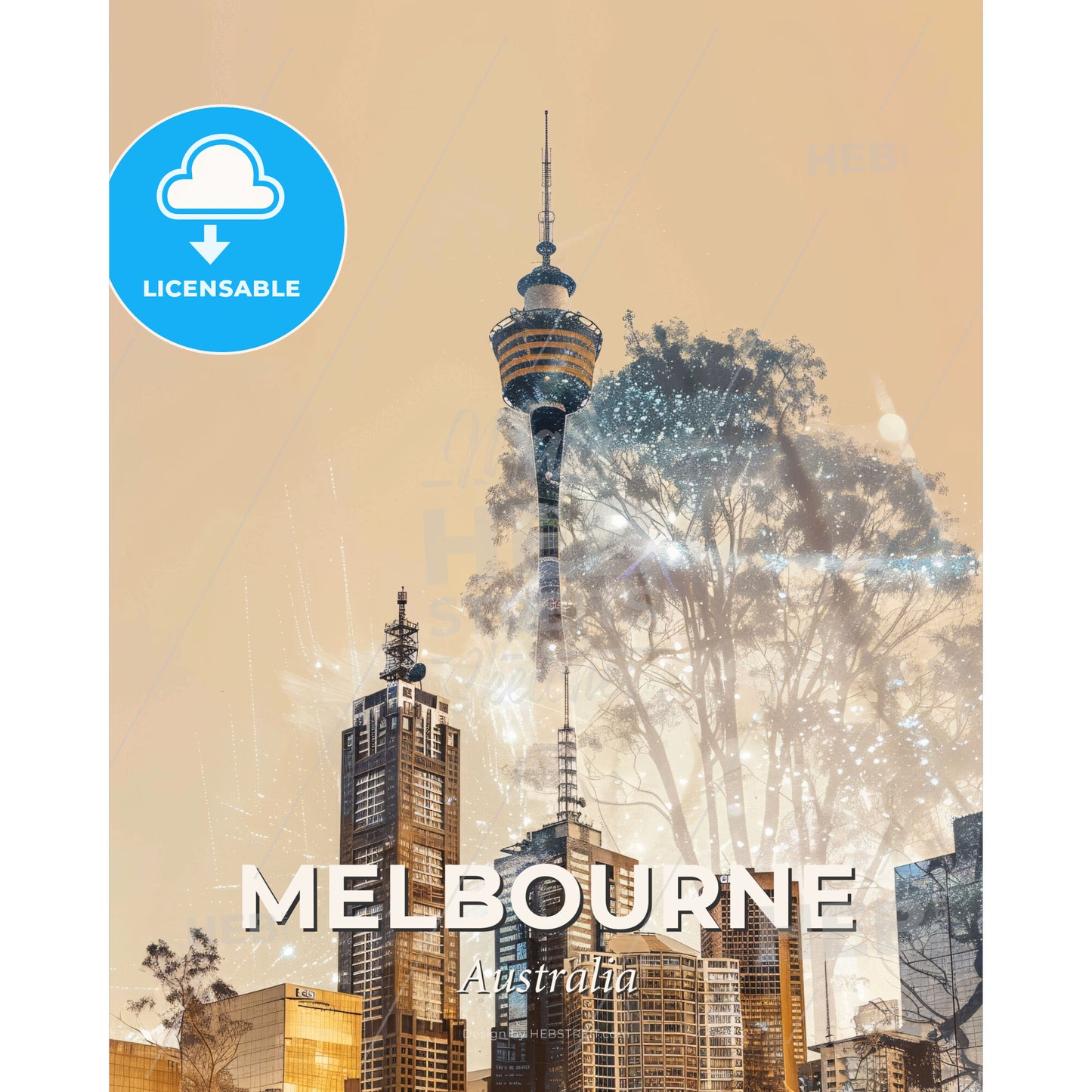 Melbourne Skyline Composite Art Cityscape Artwork - A tall buildings with fireworks - Square format print template