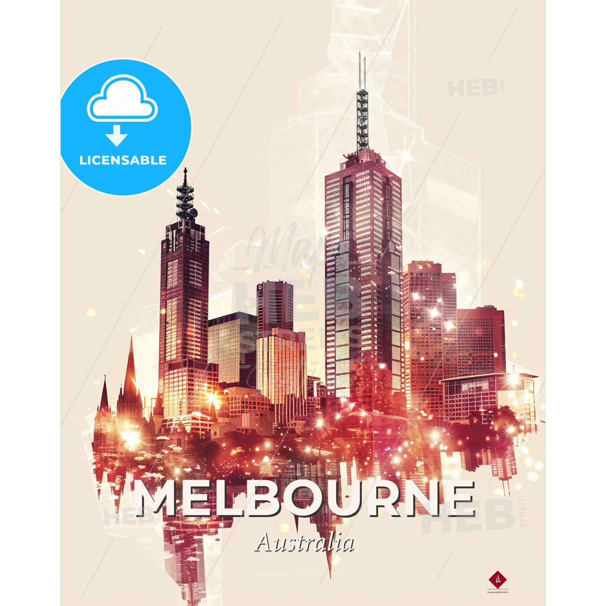 Melbourne Skyline Double Exposure Composite Art Poster - A city skyline with many tall buildings - Square format print template