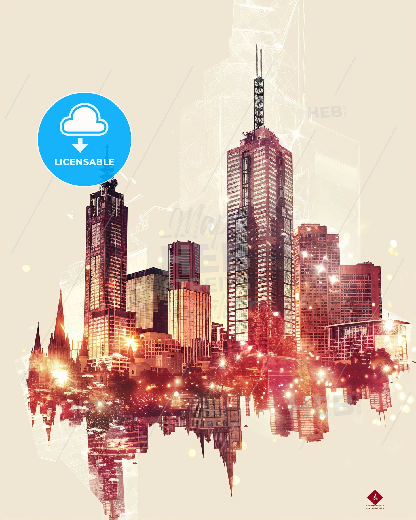 Melbourne Skyline Double Exposure Composite Art Poster - A city skyline with many tall buildings