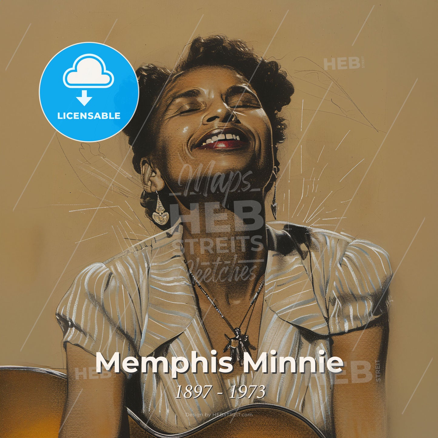 Memphis Minnie, 1897 - 1973, American blues guitarist - A Woman With Her Eyes Closed And A Guitar Print Template