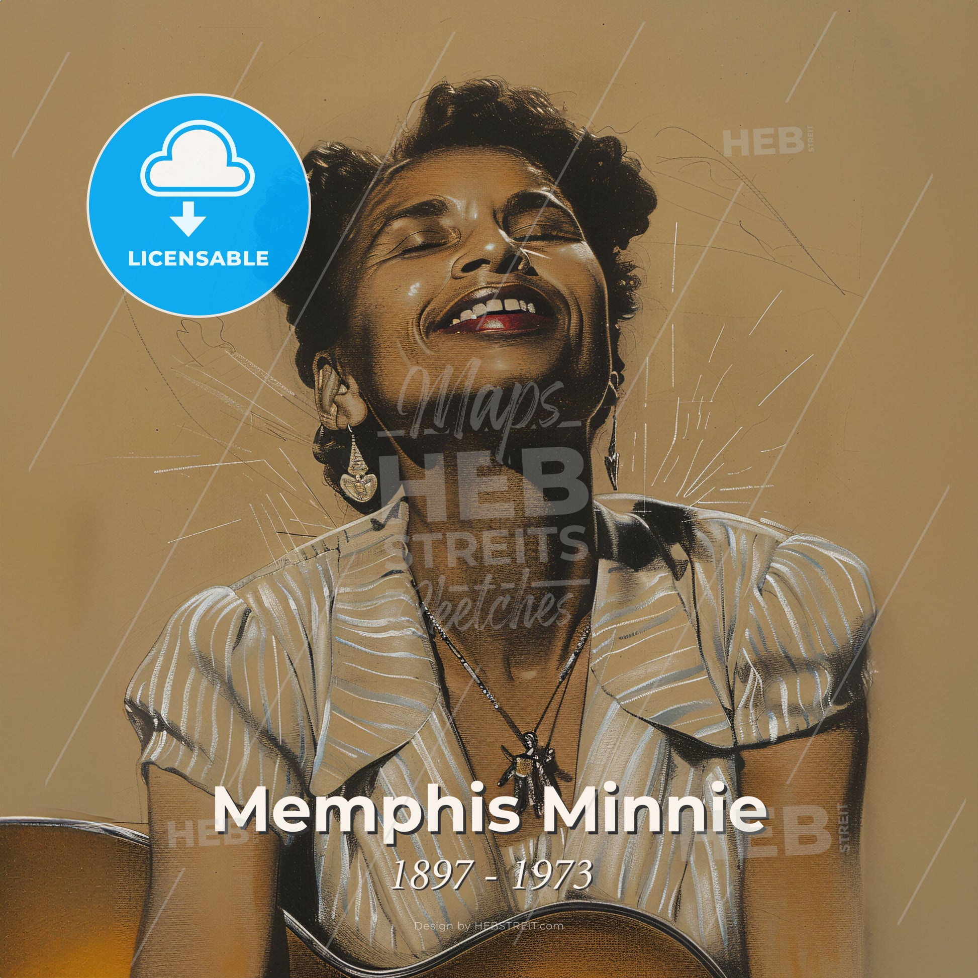 Memphis Minnie, 1897 - 1973, American blues guitarist - A Woman With Her Eyes Closed And A Guitar Print Template