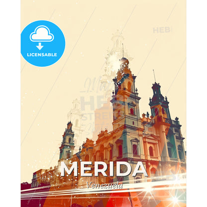 Merida Skyline Double Exposure Art Cityscape - A building with towers and a light in the background - Square format print template