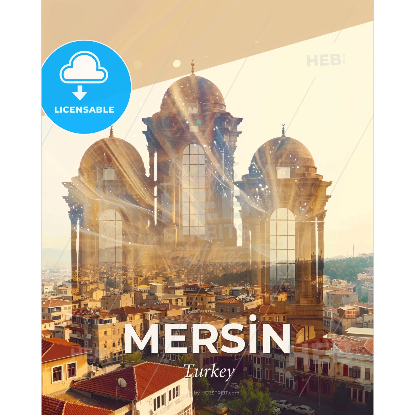 Mersin City Iconography Bright Poster Design - A city with a large building - Square format print template