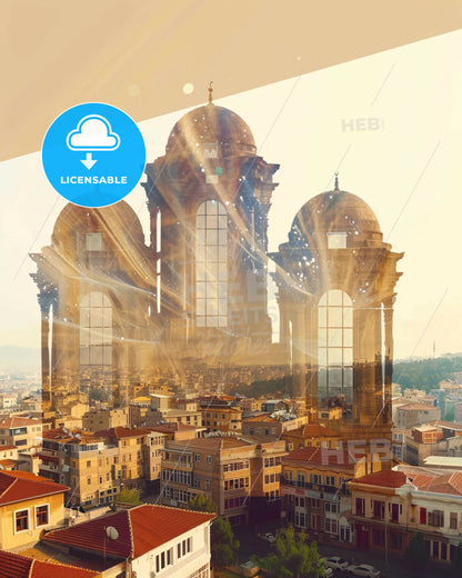 Mersin City Iconography Bright Poster Design - A city with a large building