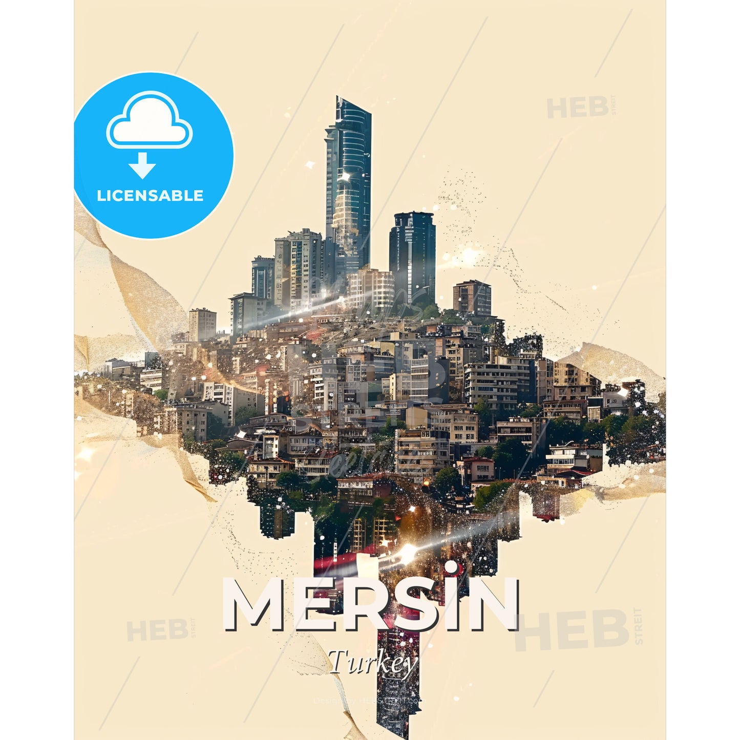 Mersin Turkey Iconic Composite Skyline Art - A cityscape with a light shining through it - Square format print template