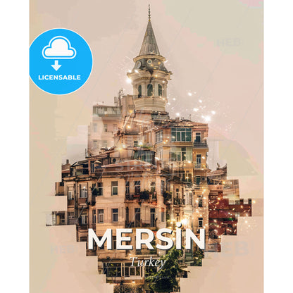 Mersin City Skyline Double Exposure Art - A building with a tower - Square format print template