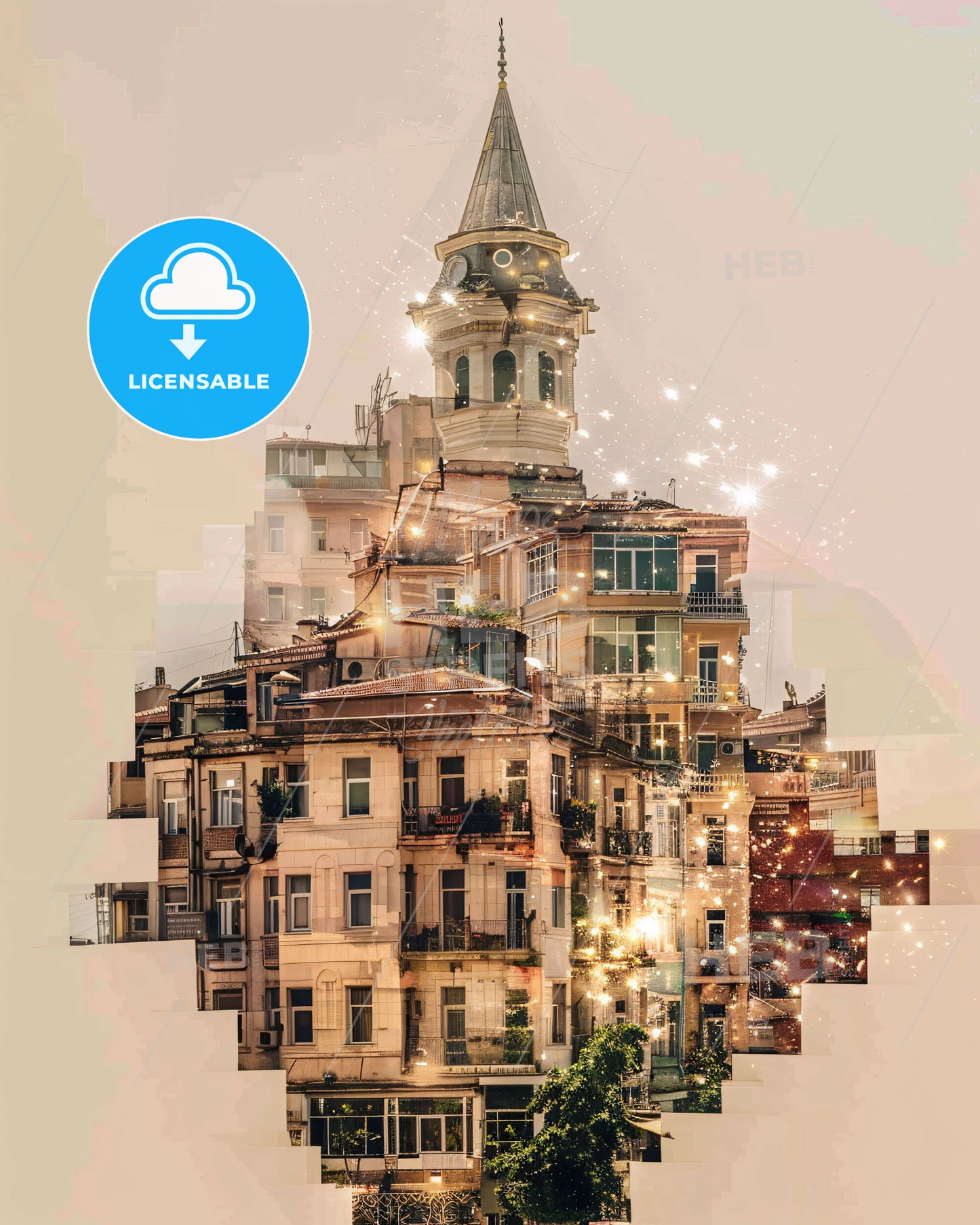 Mersin City Skyline Double Exposure Art - A building with a tower