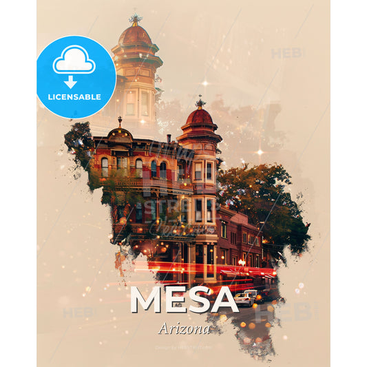 Mesa City Nightscape: Art Nouveau Skyline Poster - A double exposure of a building - Square format print template
