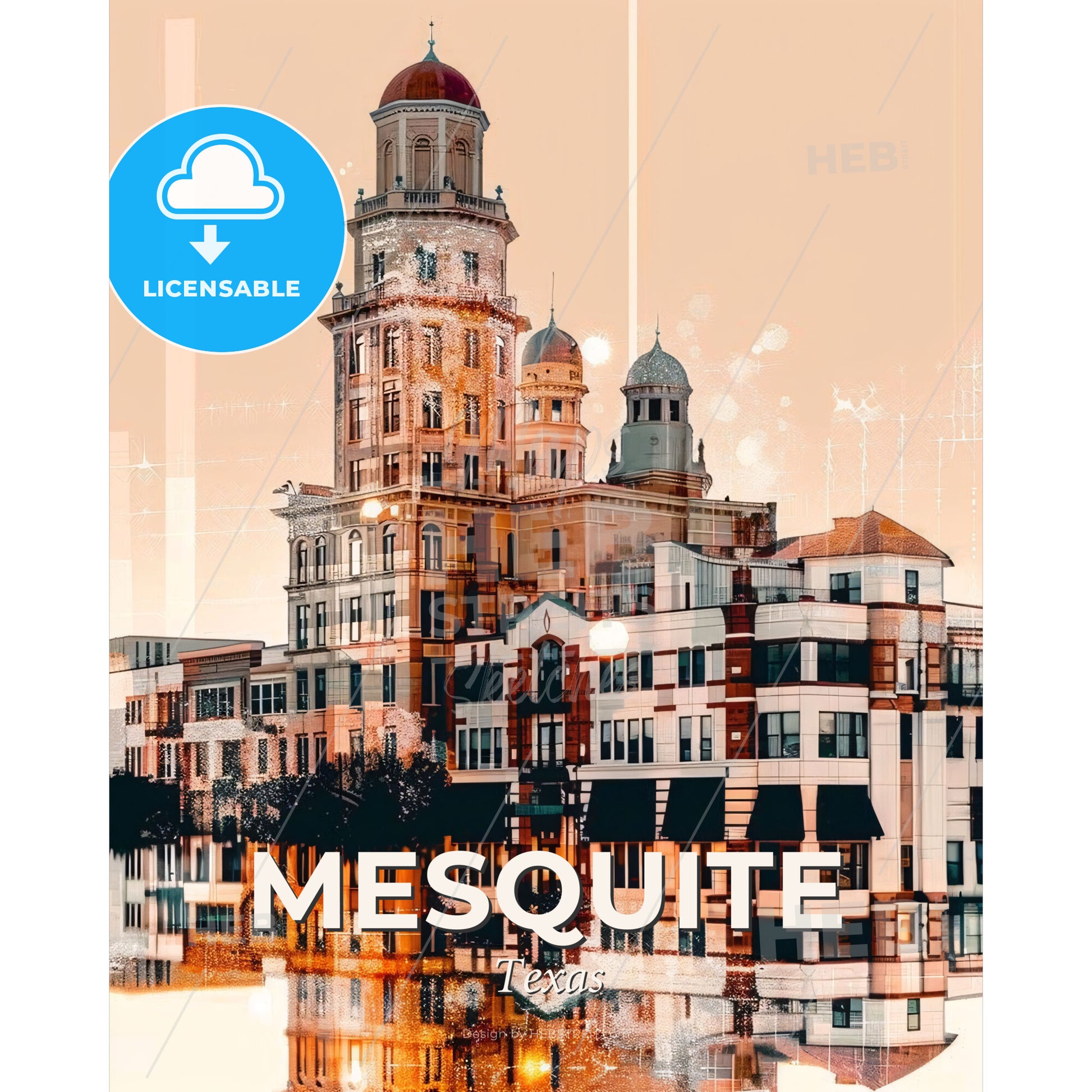 Mesquite City Skyline Panorama Poster Art - A building with a tower - Square format print template